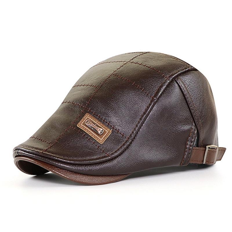 Vintage Men PU Leather Beret Autumn Winter Visor Flat Cap Thicken Warm Hat Berets England Newsboy Caps Outdoor Sports Golf Hat