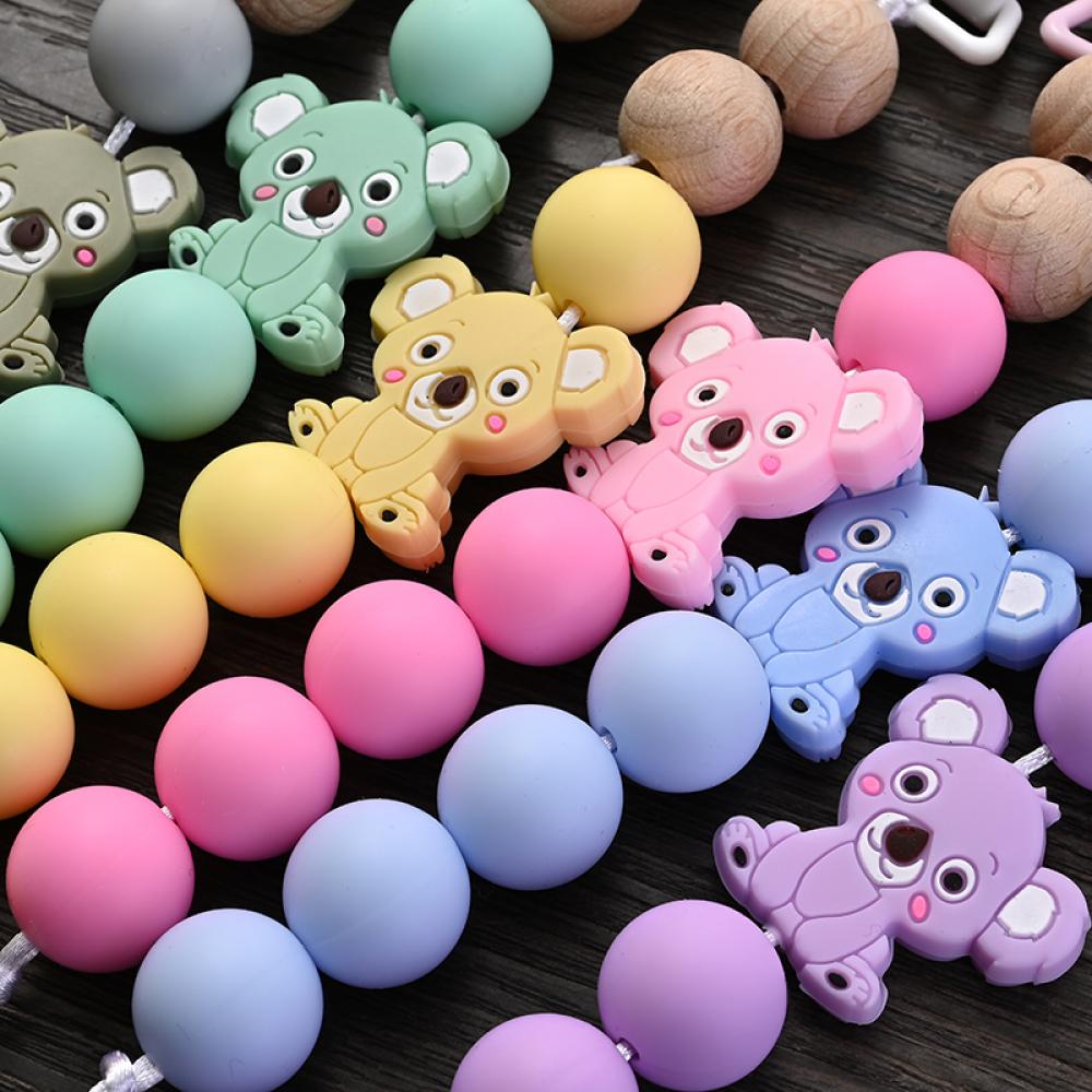 Anneau de dentition en bois pour bébé Chaîne de sucette Jouets à mordiller d'allaitement Cadeau Clips de sucette pour bébé Support Chaîne de dentition Animal Cartoon en Silicone