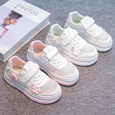 Girls Tennis Shoes Mesh Breathable Kids Flat Shoes with Sweet Flowers 2025 New Children Sports Shoes Hook&loop White Trendy