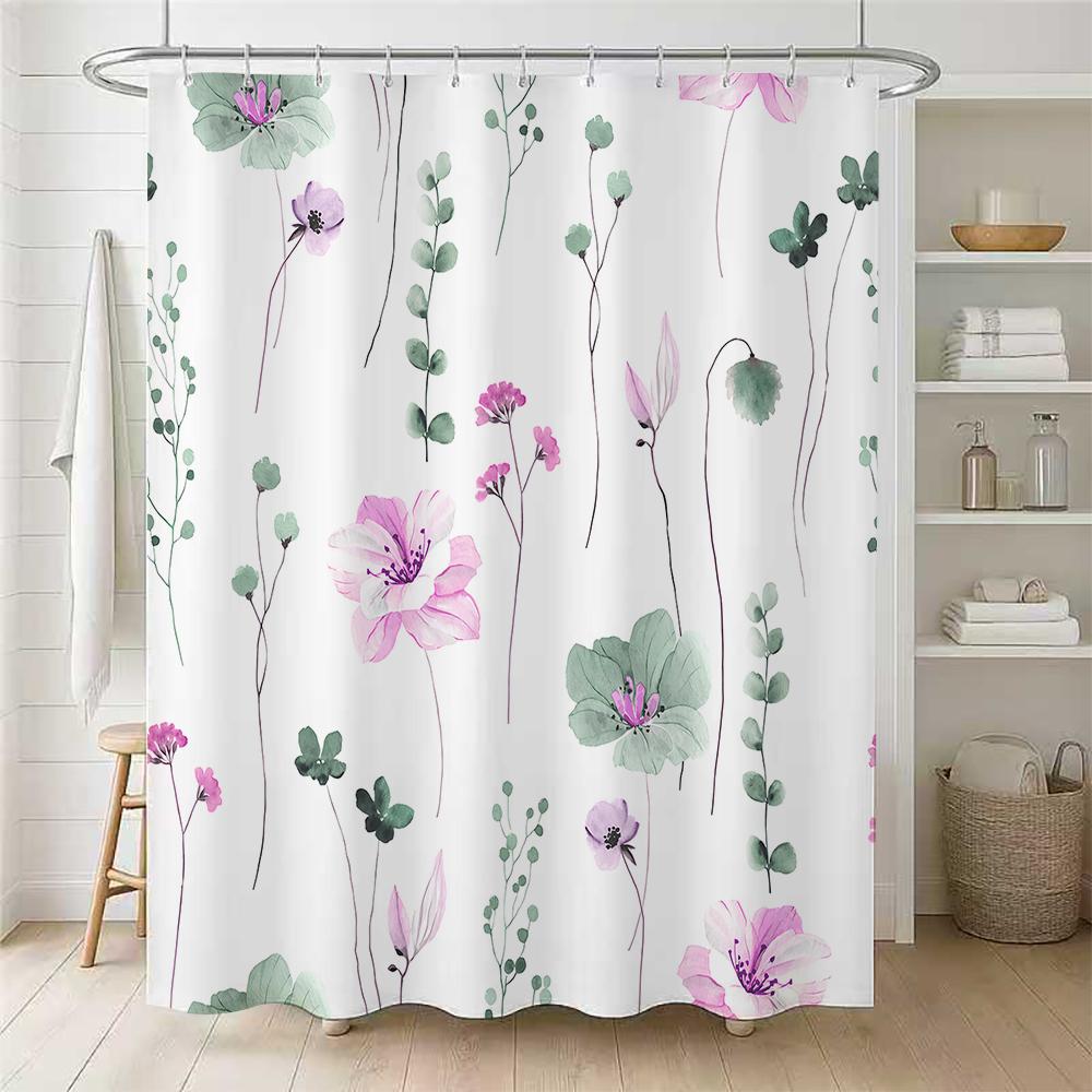 1/4 Flowers And Plants Shower Curtains, Toilet Seat Decoration, Shower Curtain With Carpet And Toilet Lid, 12 70.8X70.8 Inch Hoo