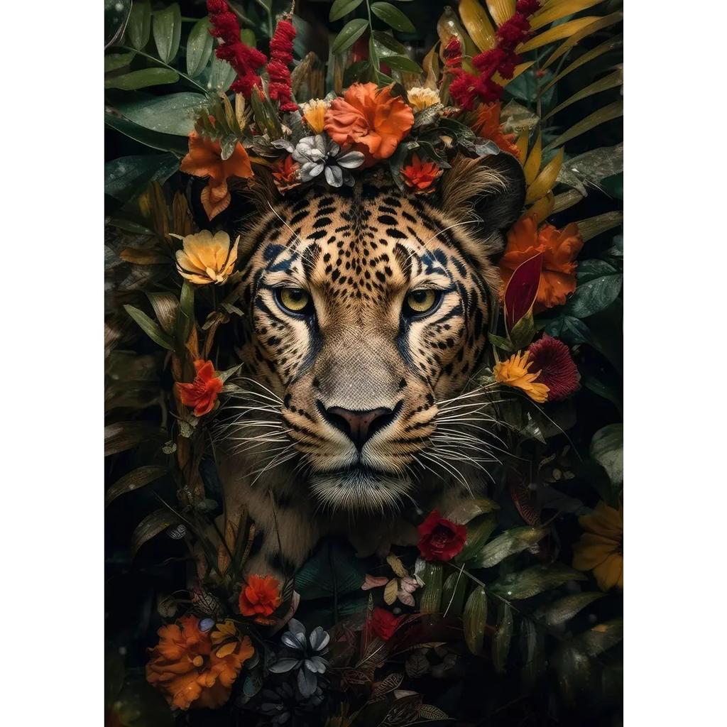 Lion Flamingo Panda Monkey In Flower Jungle Art Posters Wild Animal Art Canvas Painting Print Wall Art Picture Home Decor Mural