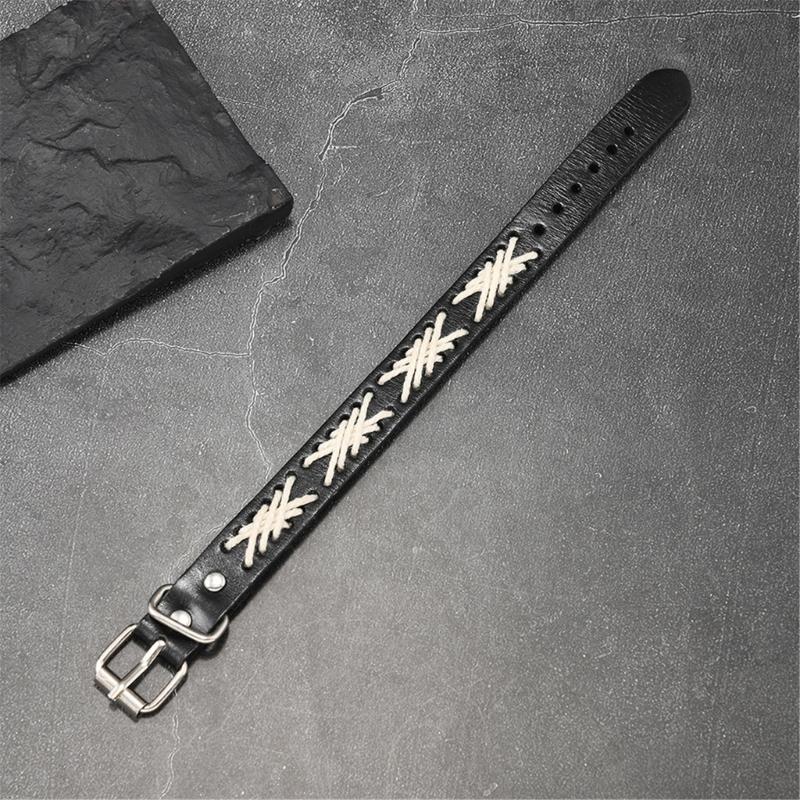 Adjustable Black Leather Bracelet Handcrafted With Wax Cord And Alloy Parts Creative Wristband For Men And Women