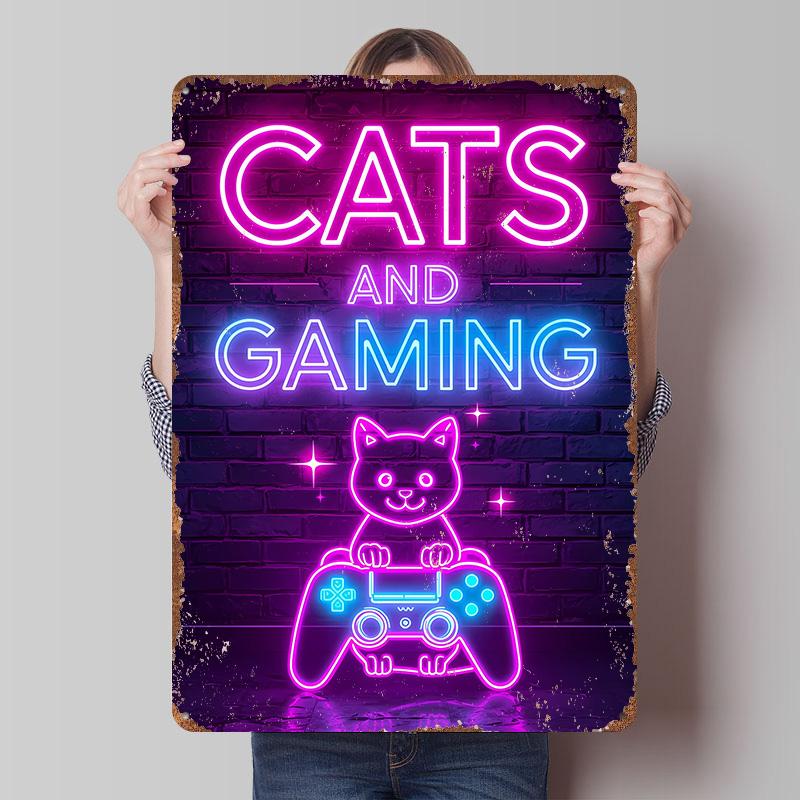 

Cats and Gaming Neon Sign Metal Poster Customized Wall Art Retro Vintage Tinplate Signs for Decoration Living Room Decor Men 7.9x11.8In(20x30cm)