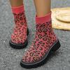 European and American Large-size New Round-head Knitted Leopard Print Medium Tube Elastic Boots Are Hot-selling Elastic Thick-heeled Martin Boots.