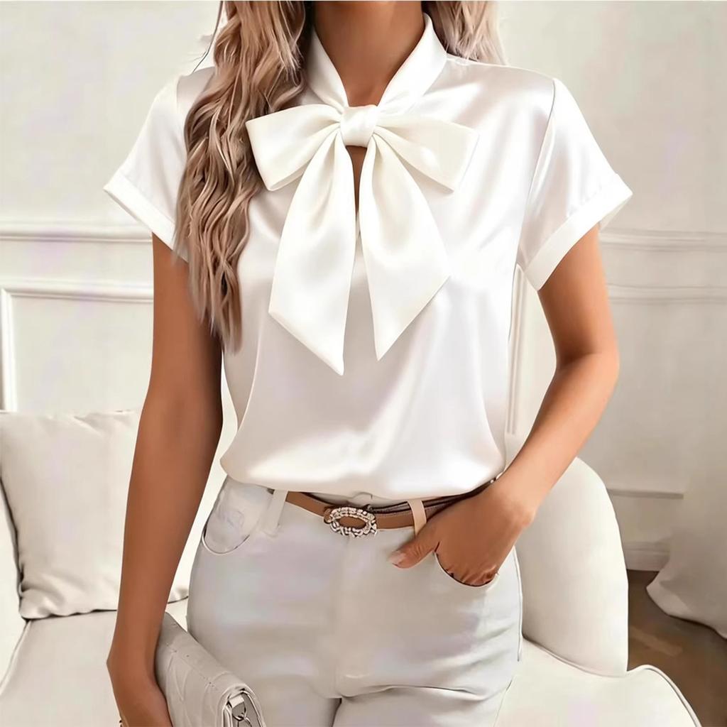 Women's Fashionable Color Round Neck Short Sleeved Bow Shirt Pullover Top