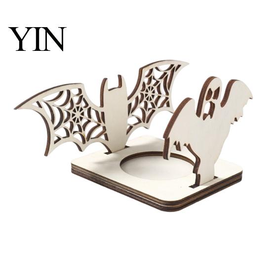 Unique Hollowed Craft Gift Halloween Candle Holder, Spooky Pumpkin Bat Shadow Tealight Creative Casting Holder Vintage Wooden Candlestick Ornament for