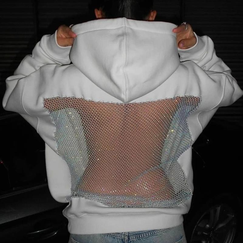 Hooded Harajuku Sweatshirt Women Autumn Trend Backless ShinyThrea Mesh Patchwork Casual Street Hipster Pulloverr