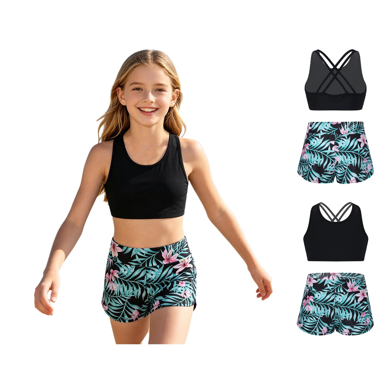 Yeahdor Meisjes badpak 2PCS set Racerback top met korte dans sport outfits gymnastiek zwemkleding 7-8Years groen/zwart