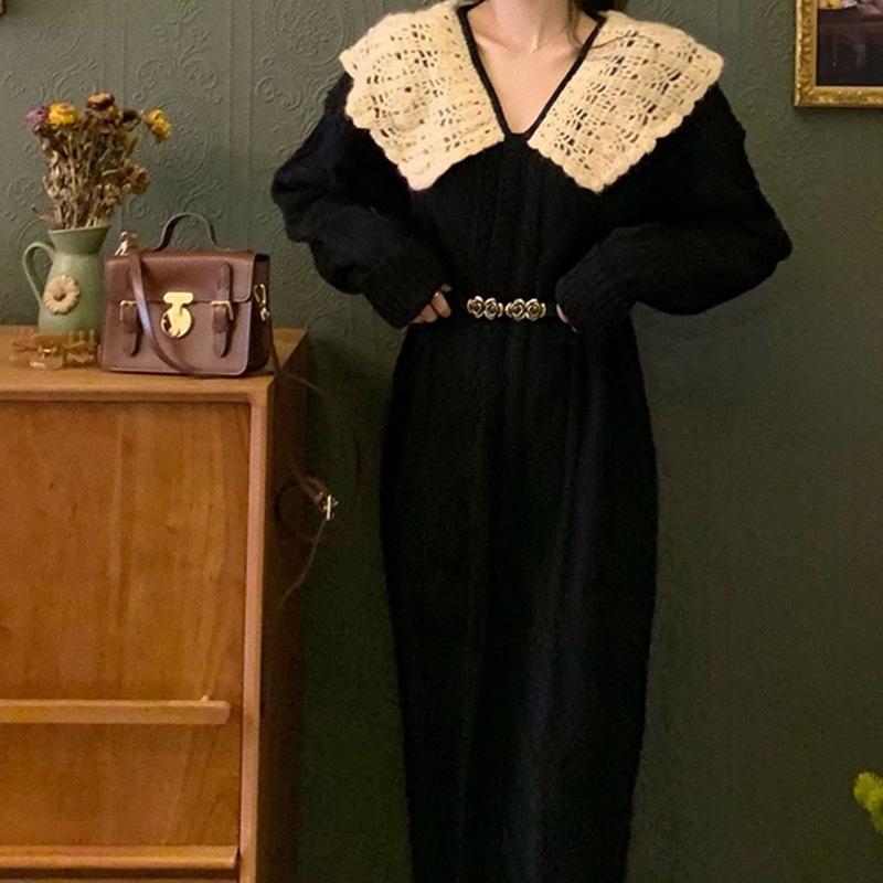 Jesienna i zimowa damska sukienka sweterkowa Delikatna, długa sukienka z dzianiny Vintage Twist Dolny sweter