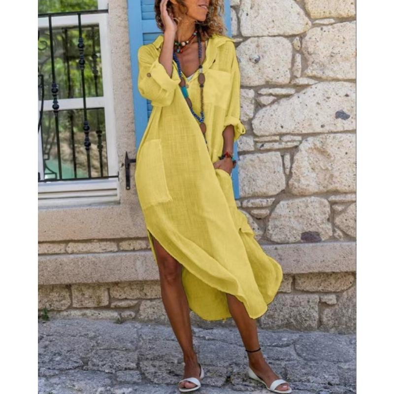 

Новое Повседневное Свободное Платье-Рубашка Длинное Женское Весенне-Летнее с Разрезом Большого Размера Модное Элегантное С Карманами Однотонное Платье для Вечеринки Тонкое Офисная Женская Одежда 5XL жёлтый