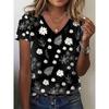 Summer Large Size Women's T-Shirt Fashion Blue Flowers Print Leisure Elegant V-Neck T-Shirt Daily Comfortable Women's T-Shirt