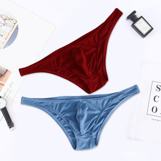 Slip Homme Soie Glacée Rayure Fine Couleur Unie U Convexe Intérieur Port Sexy Séchage Rapide String Culotte Sous-vêtement pour Dormir