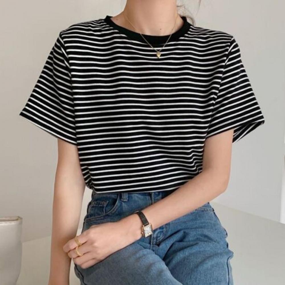 Navava NT3308 Casual Loose FiT STriped Round Neck T shirT