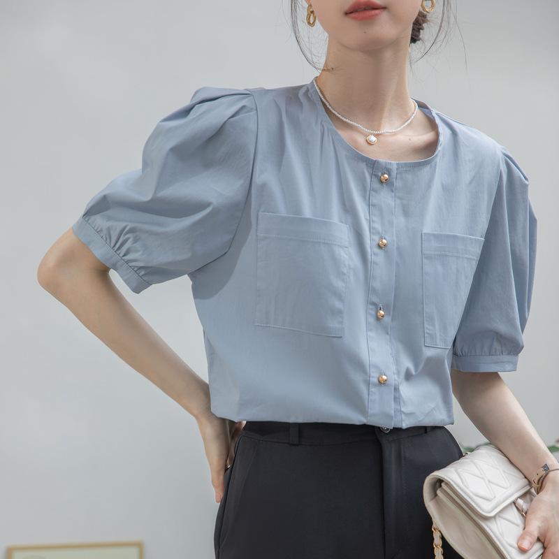 

GMXIA Женская рубашка с круглым вырезом и короткими рукавами, женская летняя блузка для поездок на работу и обратно, рубашка в стиле темперамент XXL синий