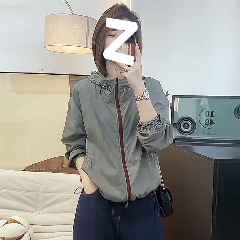 Women's Summer New Breathable Contrasting Zipper Loose Hooded Casual Thin Jacket with Sun Protection Clothing