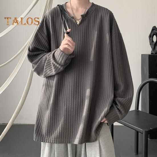 Spring Autumn Men Top V Neck Long Sleeves Oversized Solid Color Loose Mid Length Striped Texture Pullover Hip Hop Streetwear Sweatshirt