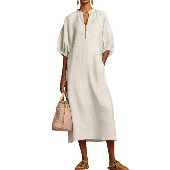 

Yousheng Women s Summer Cotton Linen Dress Casual Puff Half Sleeve Long Tunic Dress Zip Up Crew Neck Loose Vacation Dress with Pockets M слоновая кость