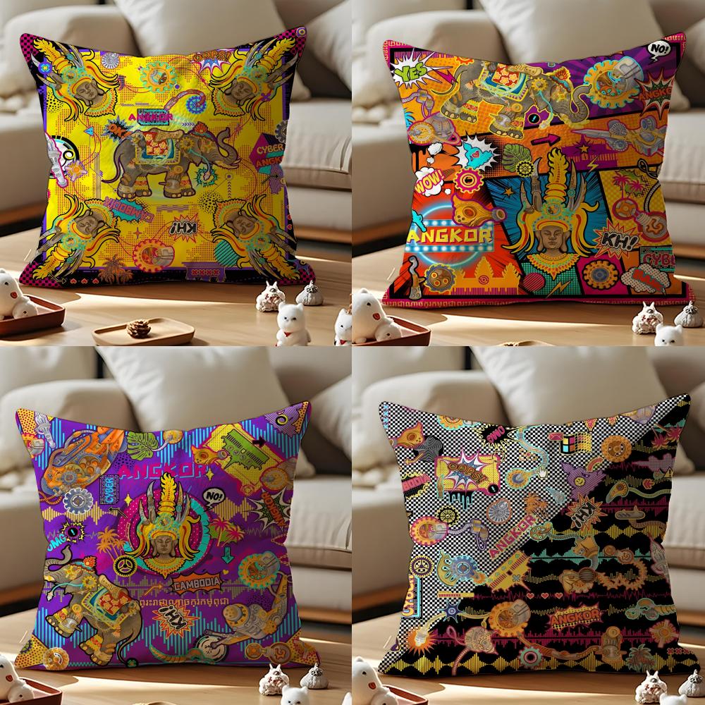 Cambodian Buddha Print Cushion Cover Anti-dustmite Pillowcase Invisible Zipper Silky Short Plush Sofa Cushion Cover