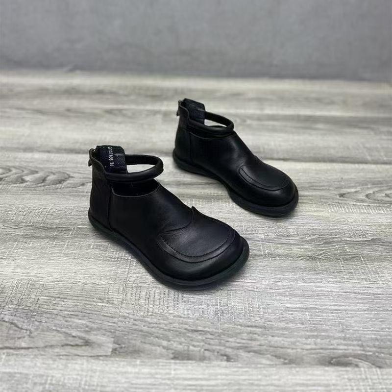 New Women's Black Ankle Boots with Round Toe Flat Shoelaces and Ankle Straps | Retro Style Lightweight Commuting Boots