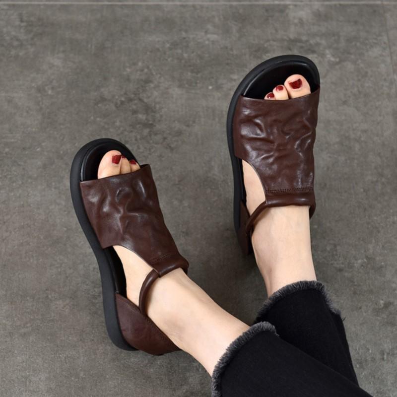 Johnature Genuine Leather Peep Toe Flat Sandals Vintage Solid Color Soft Sole Comfortable Versatile Women Shoes