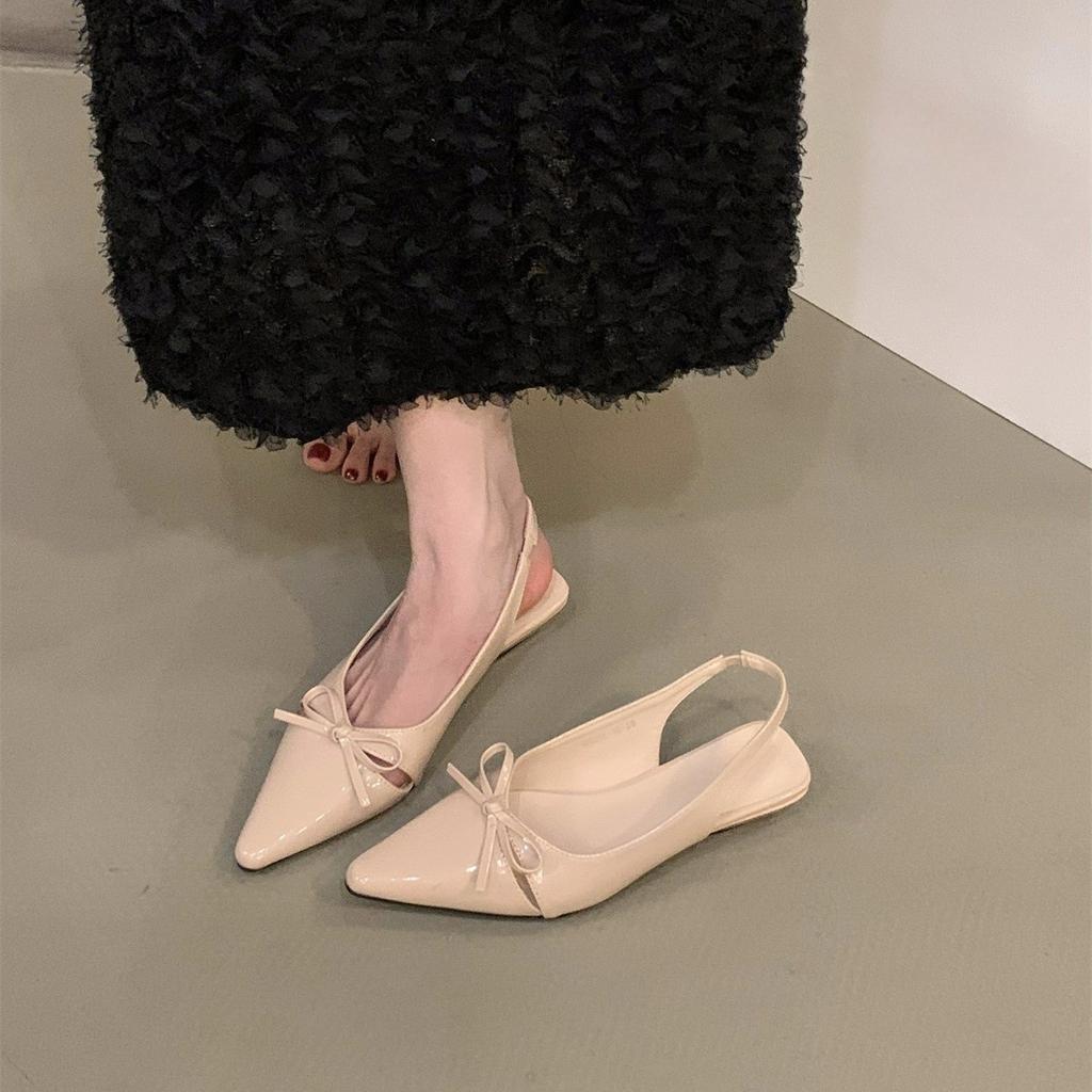 Thick heel nude bow bag head sandals fairy shoes with skirt pointed single shoes