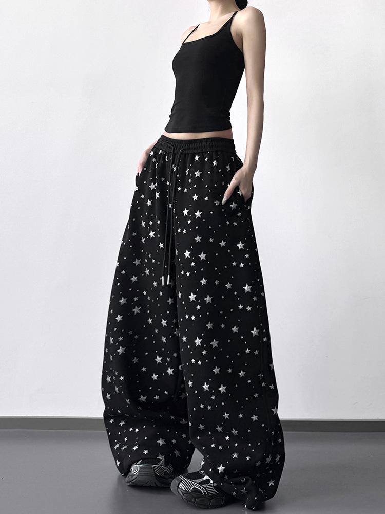 Women's Black Star Print Wide-Leg Sweatpants