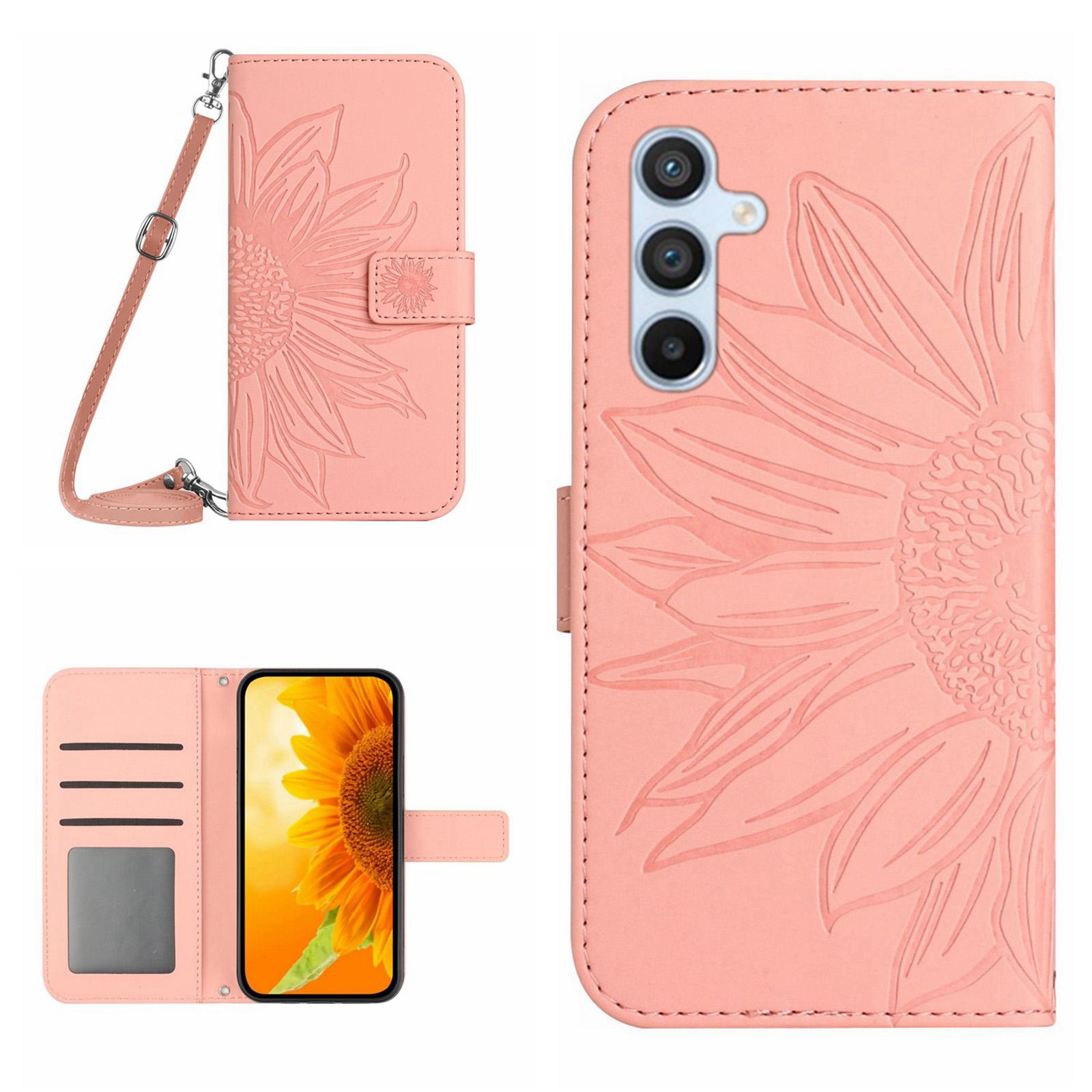

HT04 For Samsung Galaxy S24 FE Case Sunflower Leather Flip Phone Cover with Shoulder Strap Light Pink