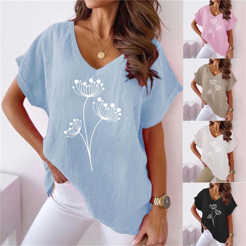 Women's Summer European And American Plant And Flower Printing V-neck Cotton And Linen Casual Bat Short-sleeved T-shirt Women