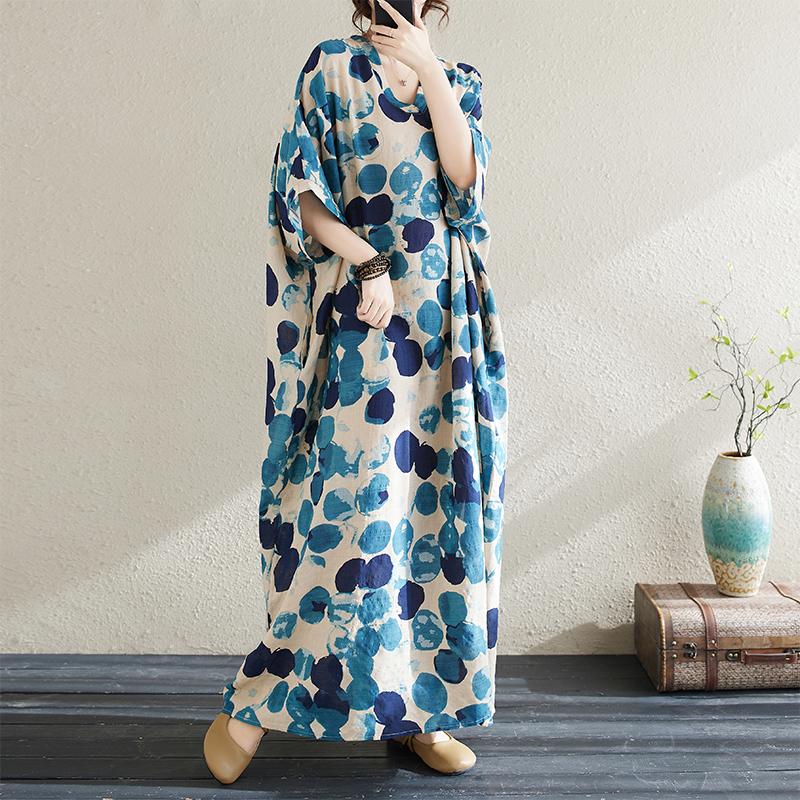 DIMANAF 2024 Plus Size Summer Dress Beach Women V-Neck Maxi Floral Print Holiday Soft Dot Blue Linen Loose Dresses