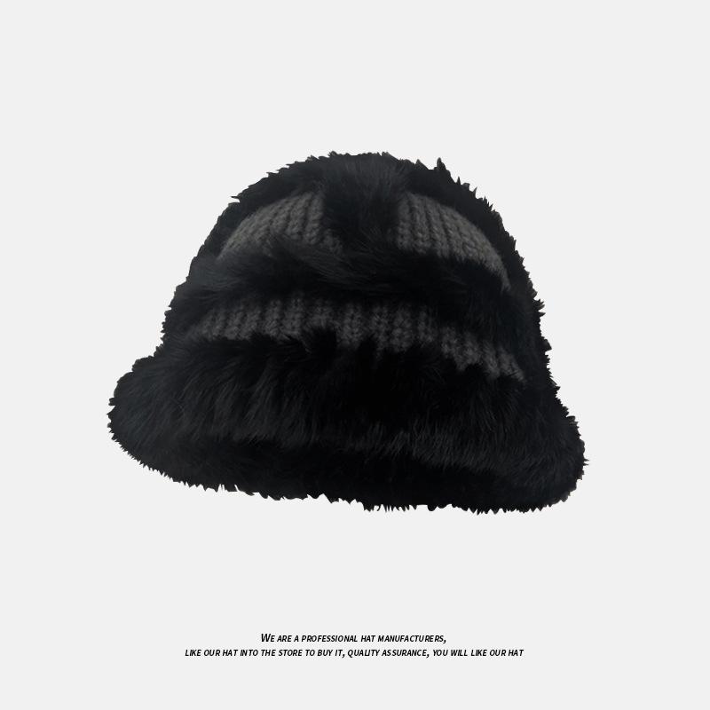 

Женская осенне-зимняя шерстяная шапка из кроличьего меха, маленькая, универсальная, плюшевая вязаная шапка, пушистая, теплая, с защитой ушей, шапка-рыбак M（56-59cm）