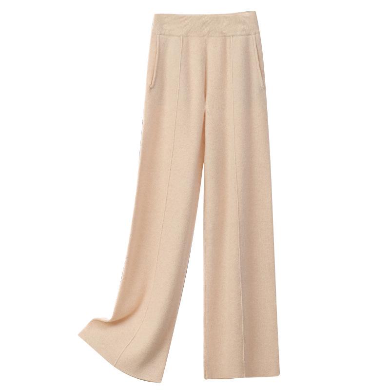 Dámské vlněné pletené kalhoty se širokými nohavicemi - Zeštíhlující, Středový šev, Zesílené, Ležérní, Délka až na zem pro podzim a zimu