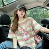 Women Striped Short Sleeve T Shirt Summer Contrast Color Round Neck Loose Mid Length Casual Sweet Slim Tee Tops