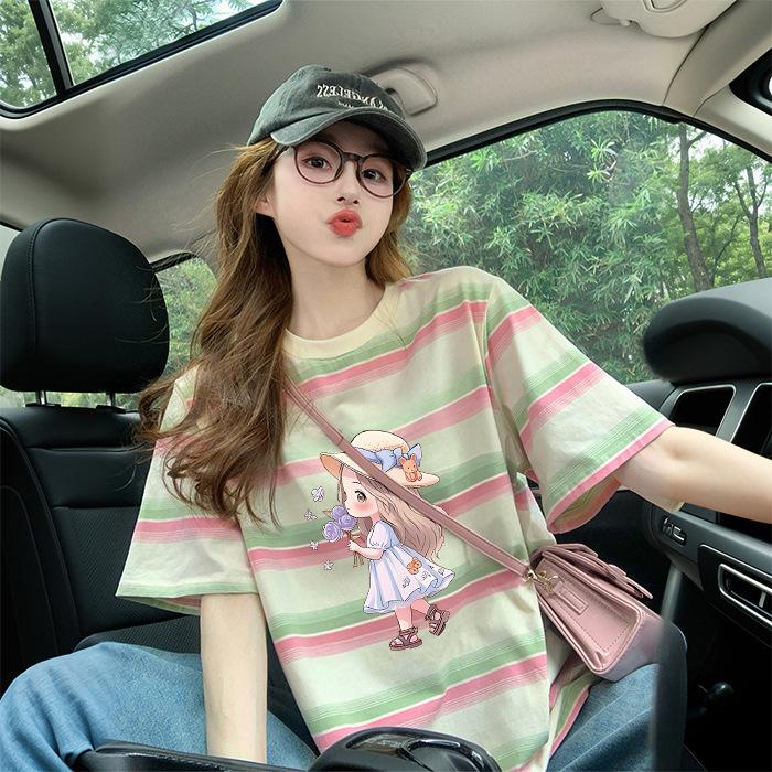 Women Striped Short Sleeve T Shirt Summer Contrast Color Round Neck Loose Mid Length Casual Sweet Slim Tee Tops