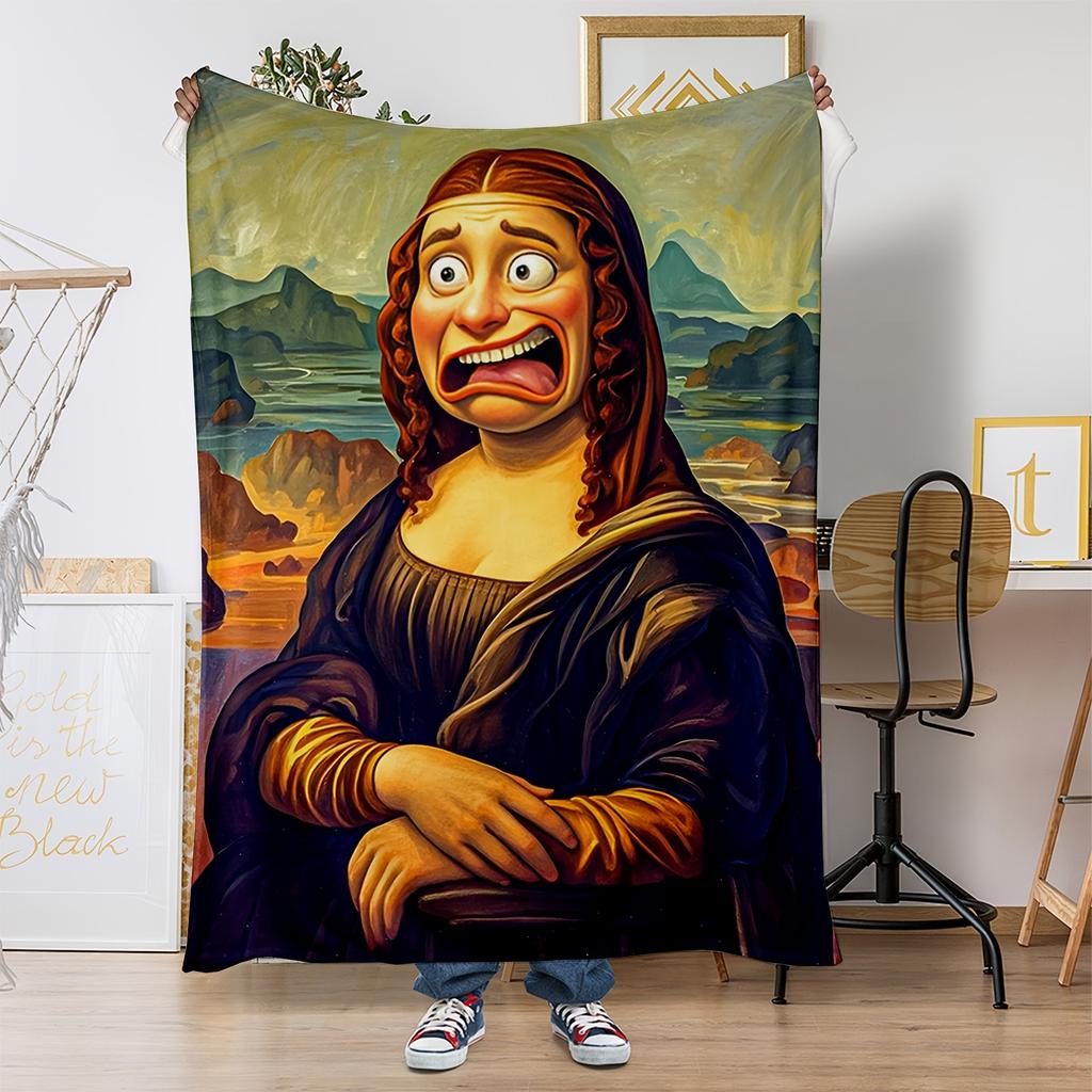 frightened expression of Mona Lisa Flannel printed blanket suitable for all seasons suitable for living room office sofa travel