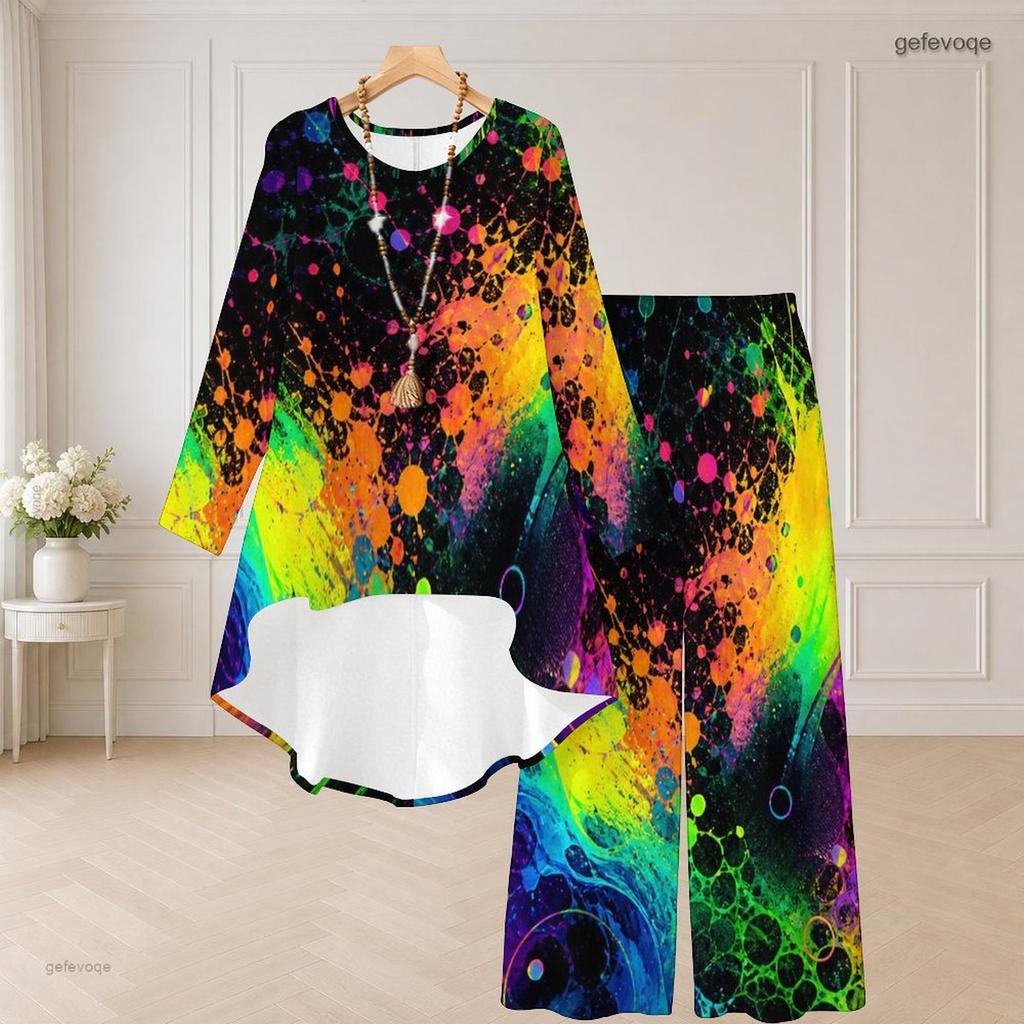 Women Plus Size Black Gold Printed Round Neck Long Sleeve High Low Top Wide Leg Pants Two Piece Set