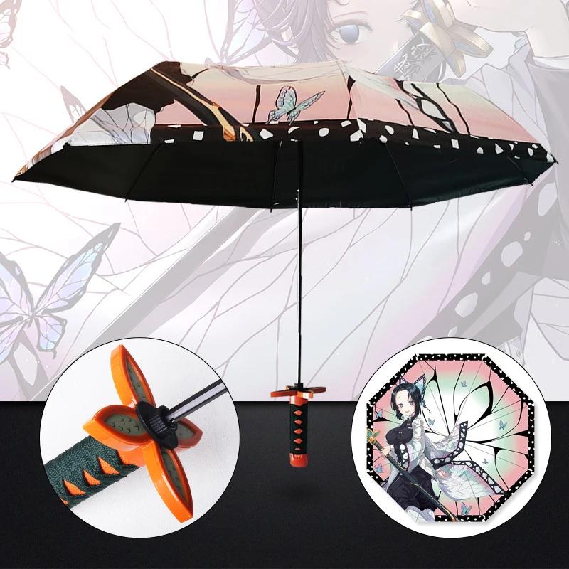 Anime Demon Slayer Katana Regenschirm Faltbar UV-Schutz Sonnenschirm Kimetsu No Yaiba Tanjirou Japanisches Katana Samurai Schwert Regenschirme
