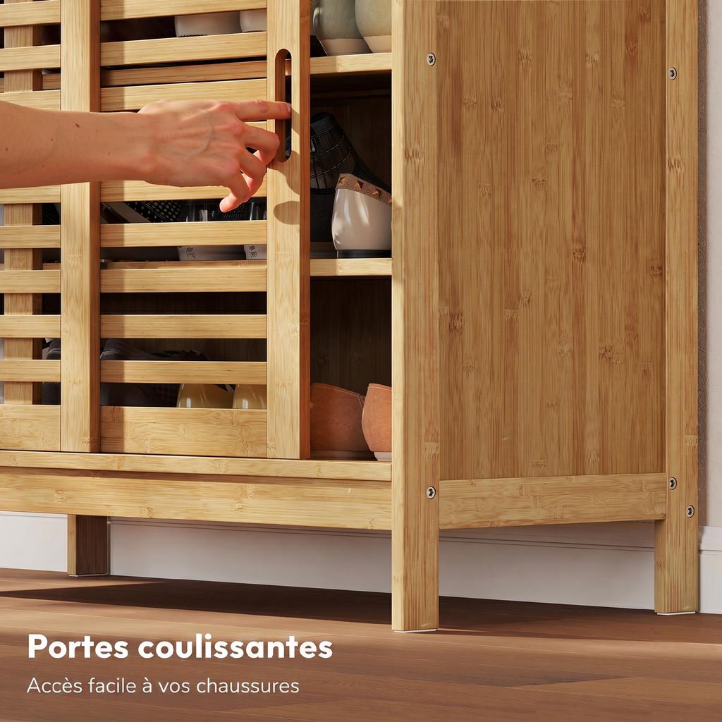 Bamboo Shoe Cabinet for 16 Pairs, 2 Sliding Doors, Adjustable Shelves, Natural Wood