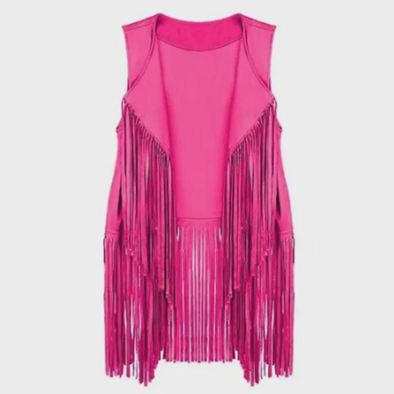 Dámská letní vesta s třásněmi z jelenice: Jednobarevný, bez rukávů, ležérní kardiganový top