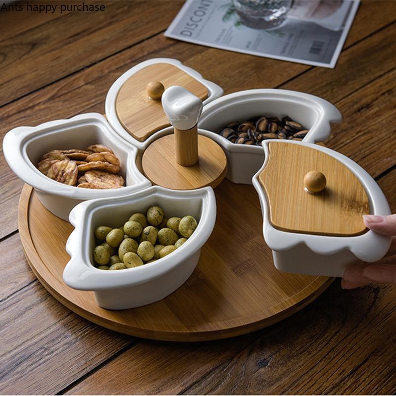 White Ceramic with Turntable Five Grid Fruit Plate with Wooden Lid Rotatable Snack Platter Dessert Snack Tray Fruit Plate Set