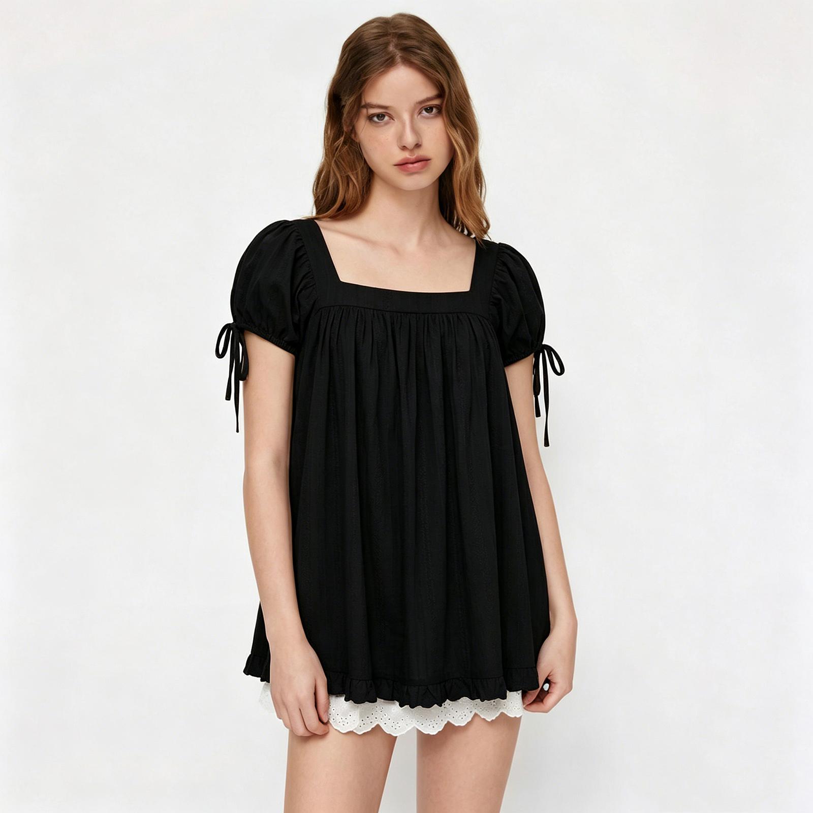 

Women s Casual Square Neck Puff Sleeve Dress, Babydoll Swing Dress With Ruffle Hem And Tie Cuffs, Summer Loose Fit Tunic Dress L чёрный