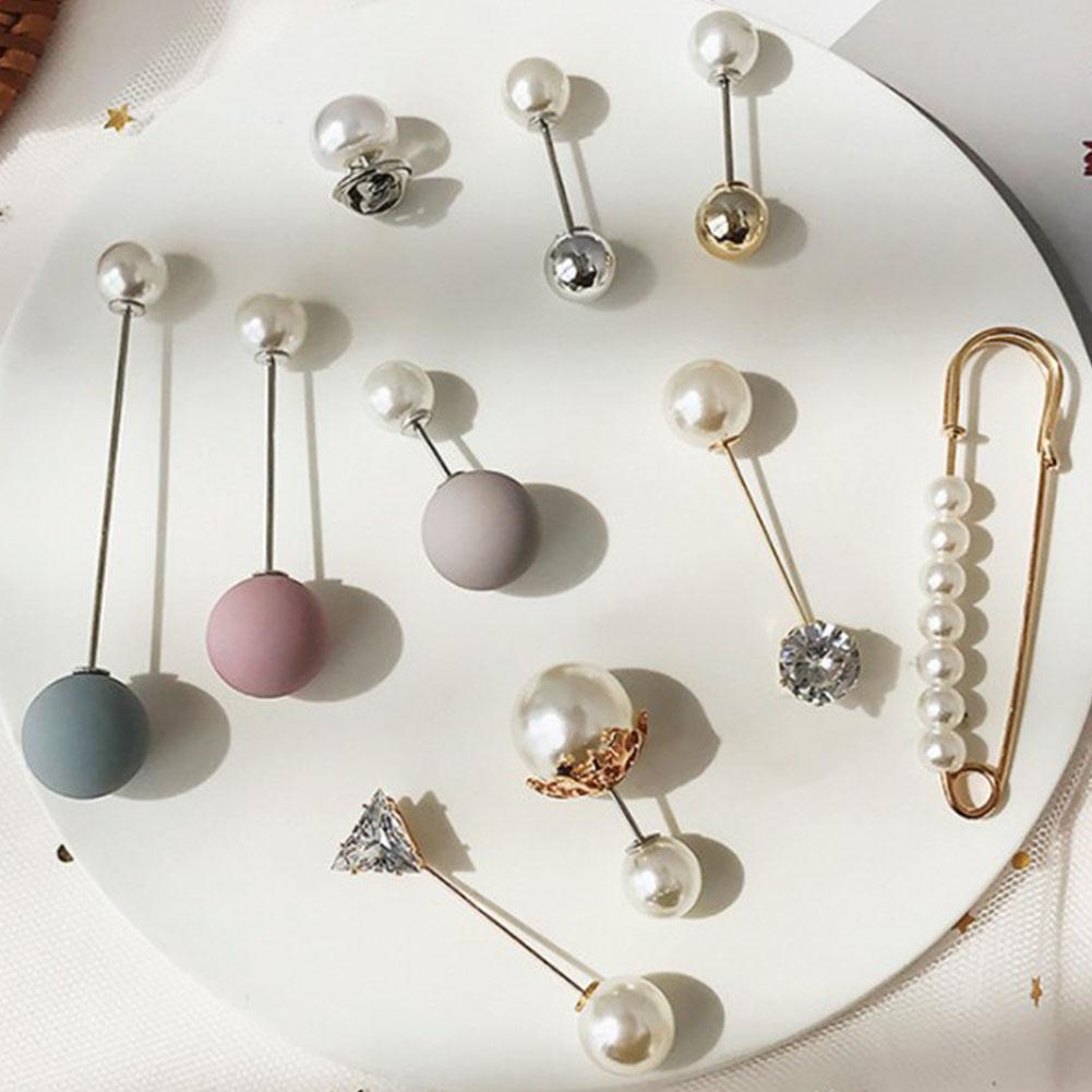 Fashion Prevent Wardrobe Malfunction Pearl Bead Diamante Brooch Collar Pin Set