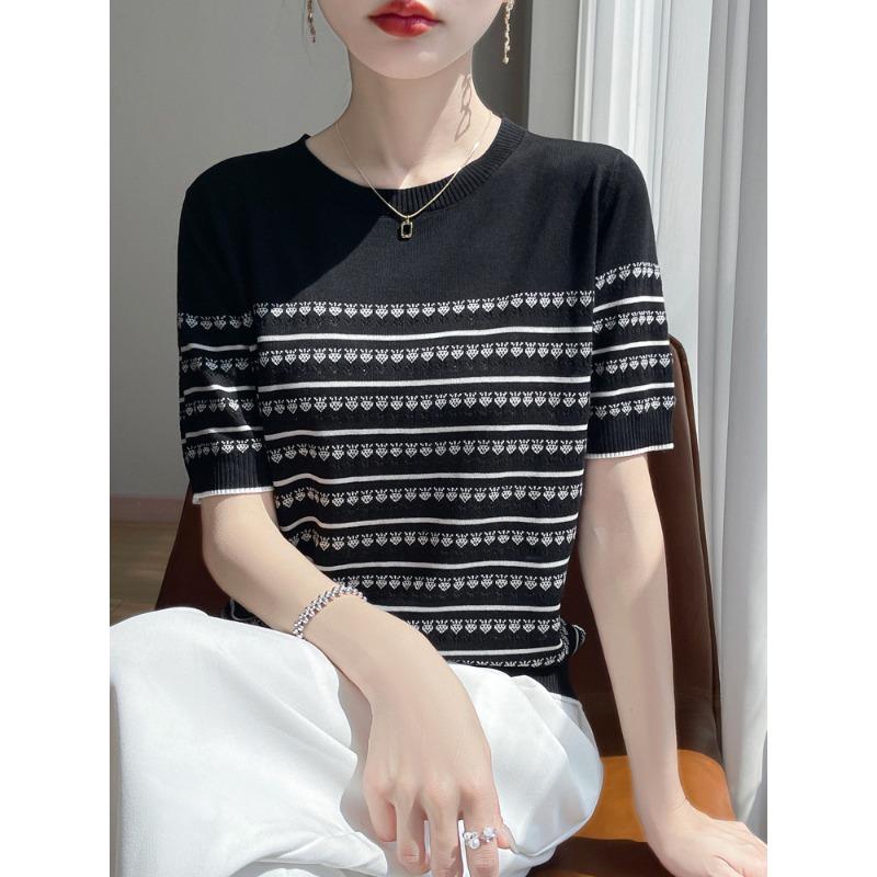 

Бриллиантовая ажурная полосатая футболка с коротким рукавом и круглым вырезом, свободная, из ледяного шелка, легкая, роскошная, с цветными блоками, вязаный свитер XXL чёрный