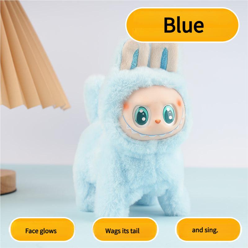 

Електрична м яка іграшка Лабубу з рухомим силіконовим обличчям, що світиться, та функцією співу, інтерактивна лялька-тварина, подарунок для дітей синій