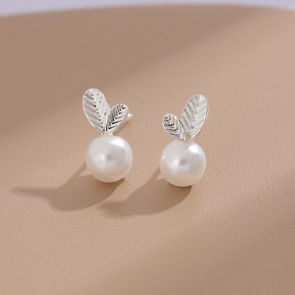 Sterling Silver Pearl Leaf Stud Earrings for Women