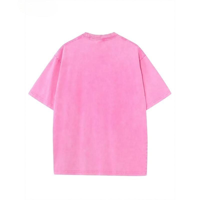 Men's Washed Solid Color T-shirt with Printed Patterns - Loose and Trendy Oversized Version, Retro and Vintage Style, Versatile and Casual