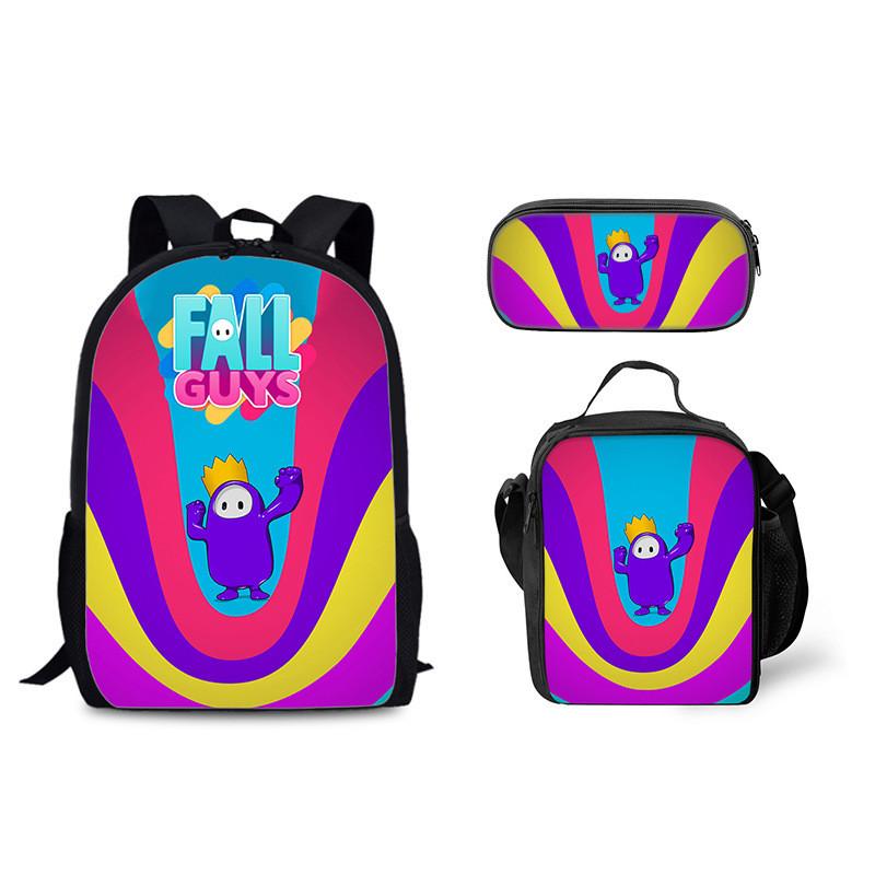 Fall Guys Cartoon Backpack Lunch Bag Pencil Case Set For Students And Daily Use серый
