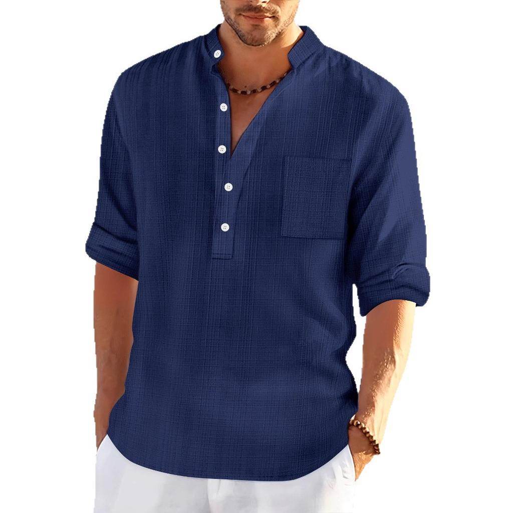 Men's Stand Collar Bamboo-Weave Linen-Look Long-Sleeved Shirt Loose-Fit Casual Henley Top
