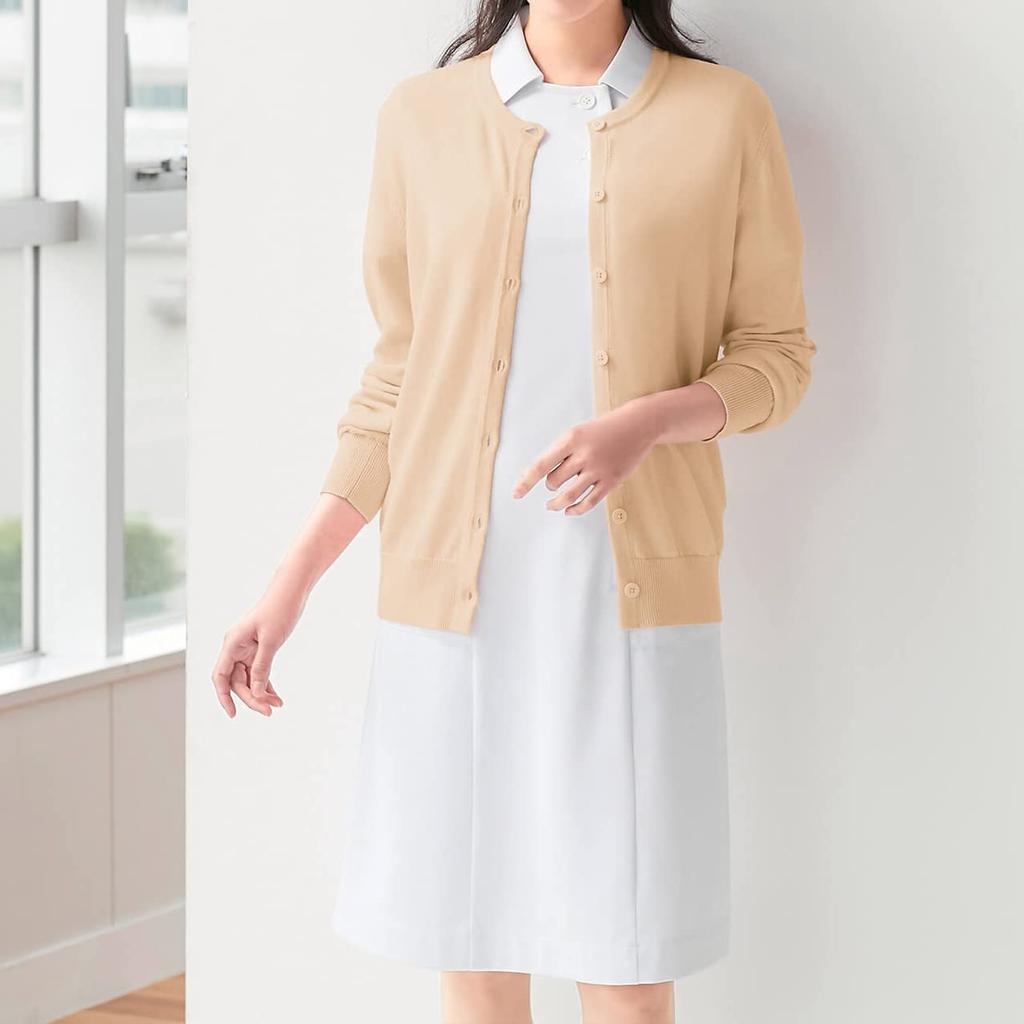 Washable Smooth Cotton Round Long Suitable for Office and Everyday Cold Size White [Anfamie] Cardigan, Blend, Neck, Length, Nurses, Workers, Wear,
