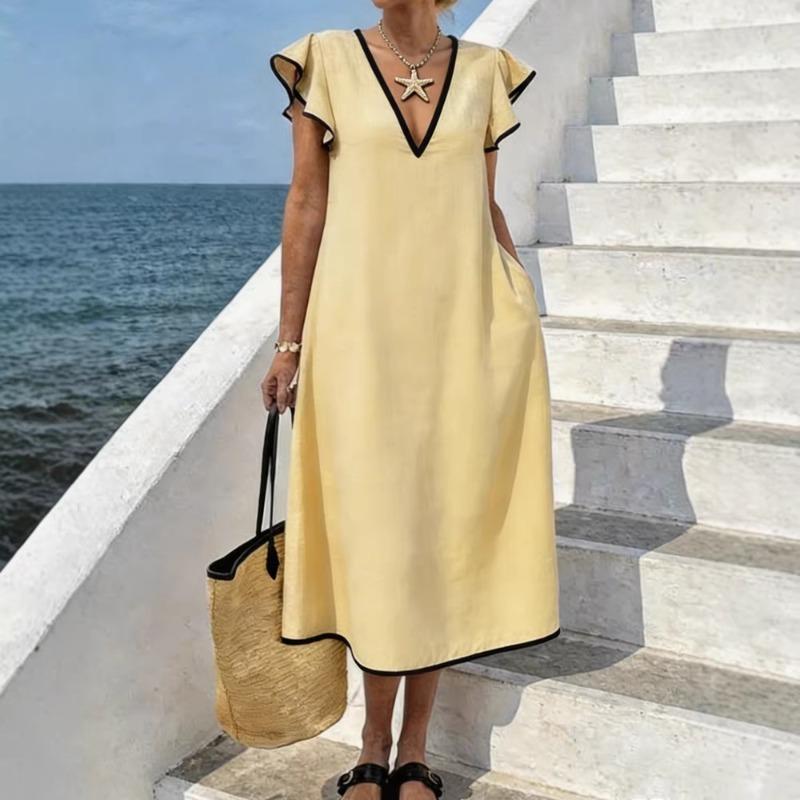 New net color temperament commuter V-neck bohemian loose pocket long dress
