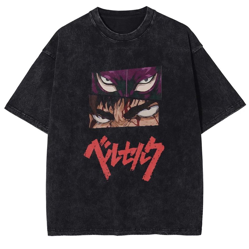 Berserk Guts (Black Swordsman) & Brand of Sacrifice Vintage Washed Double-Sided Anime T-Shirt, Unisex Dark Fantasy Manga Fan Streetwear Tee